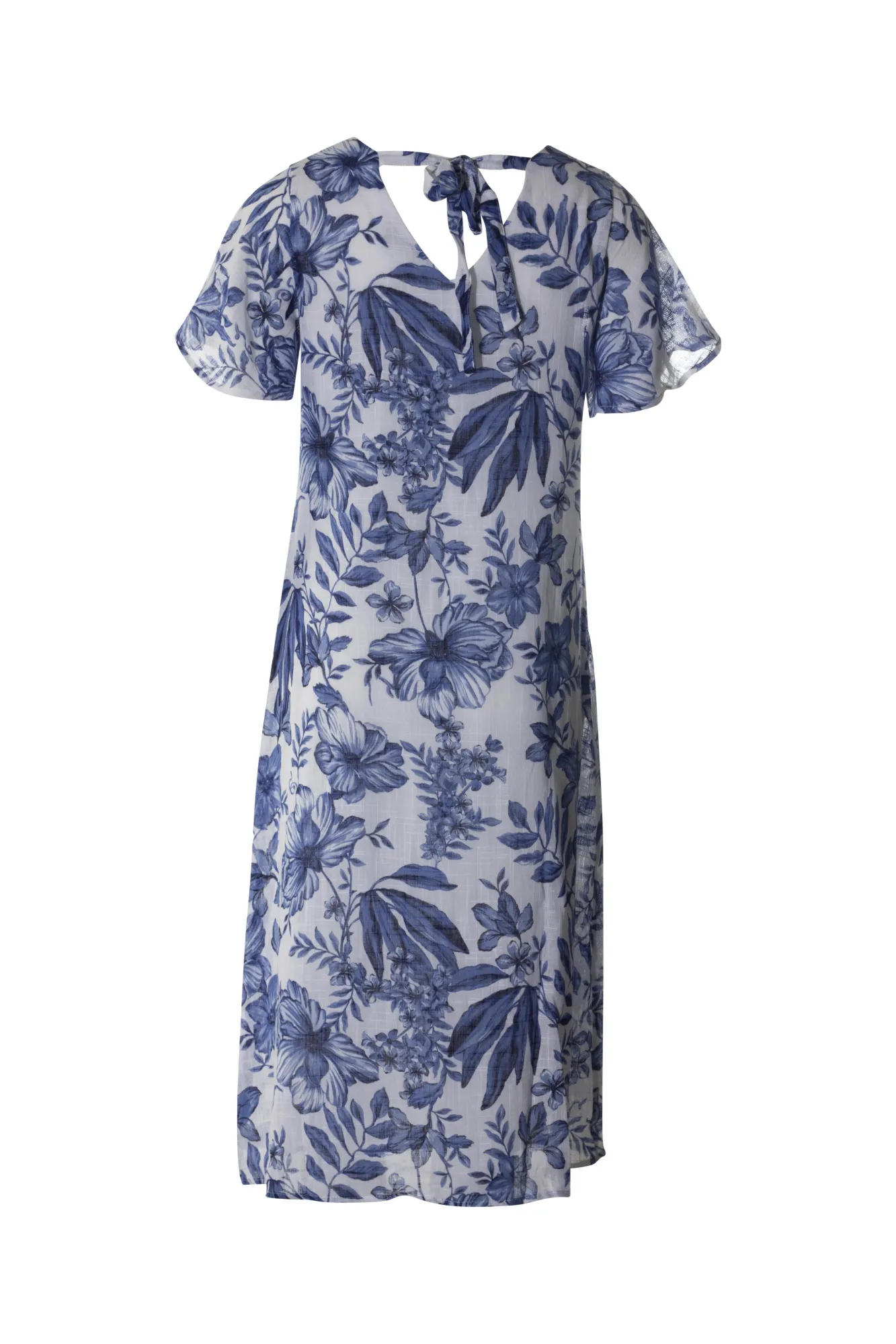 100% Printed Cotton V neck Dress | Delft Blue Flower | 6277AR