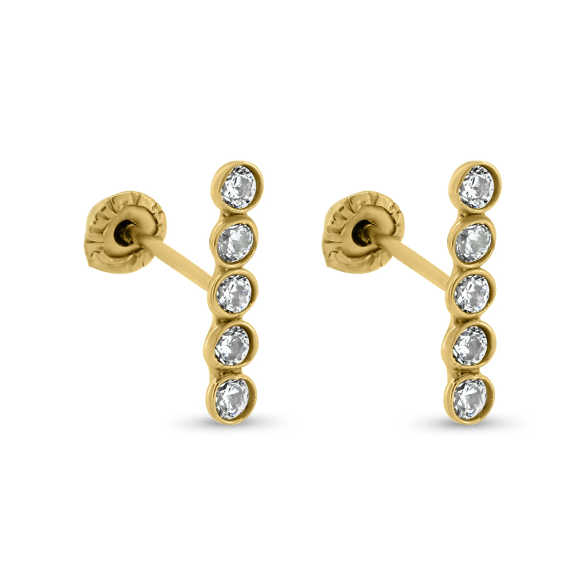 14E00407. - 14 Karat Yellow Bar Clear Round CZ Screw Back Earrings