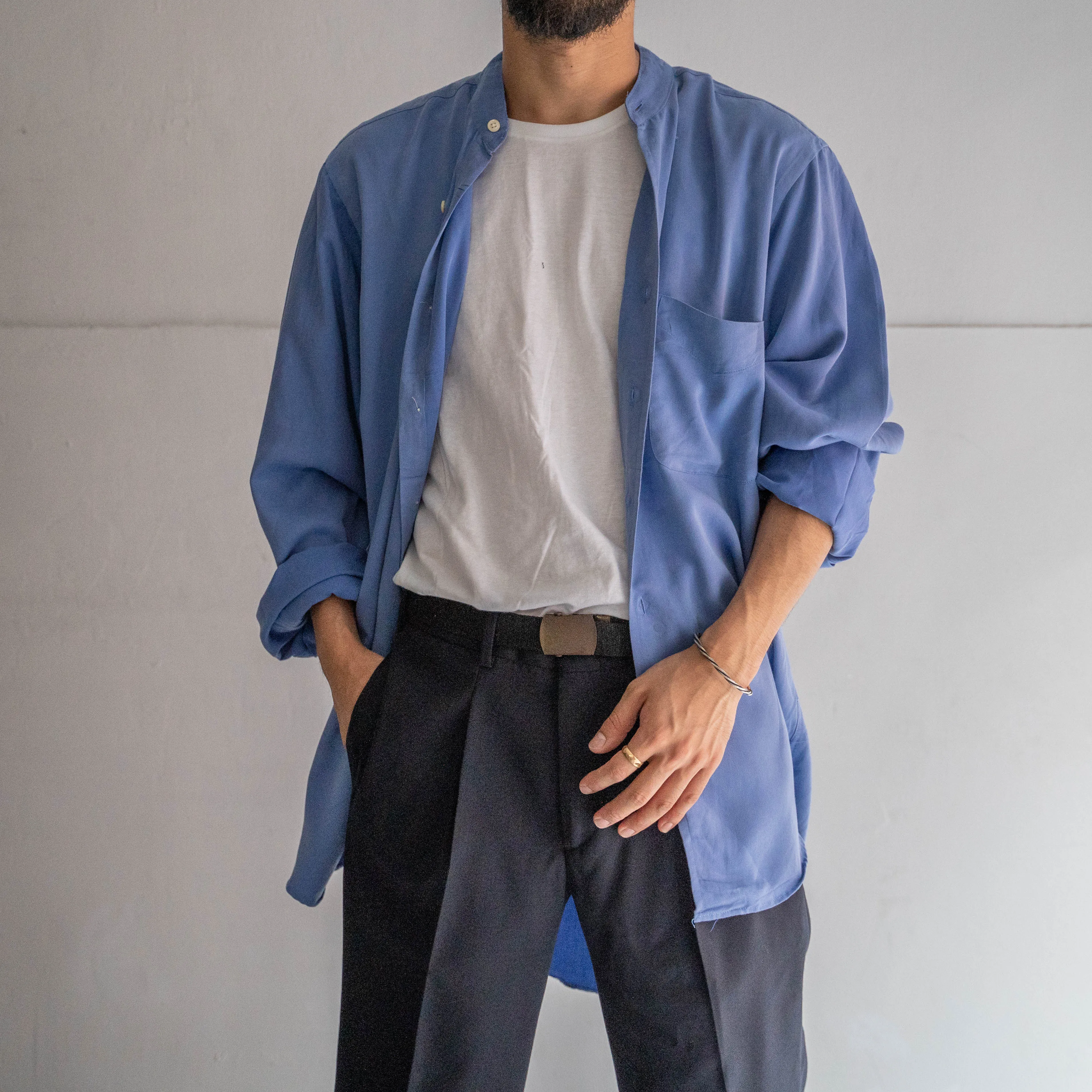 1990s ARROW rayon polyester blue band collar shirt