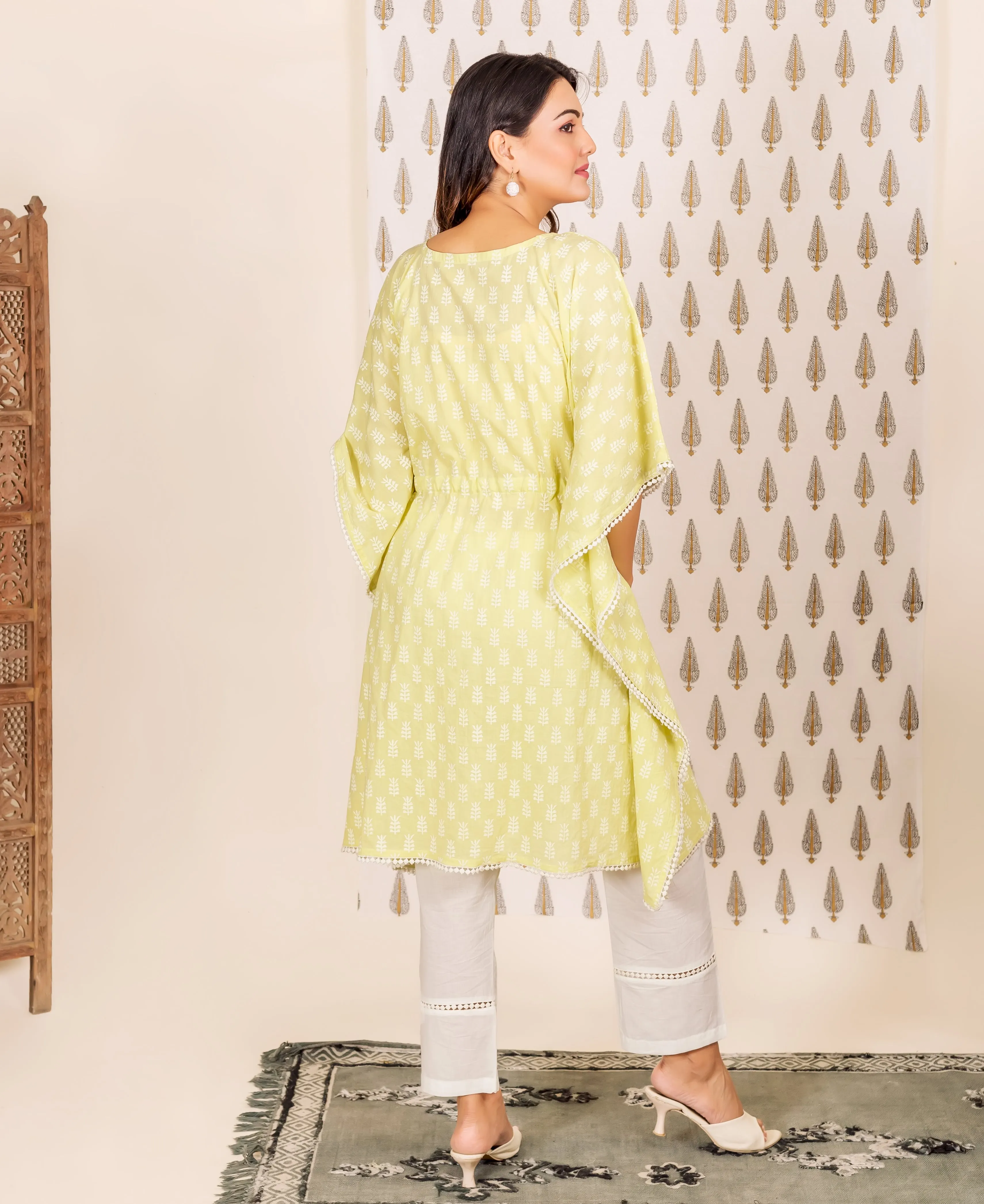 2 Piece Lime and White Block Printed Kaftan Set