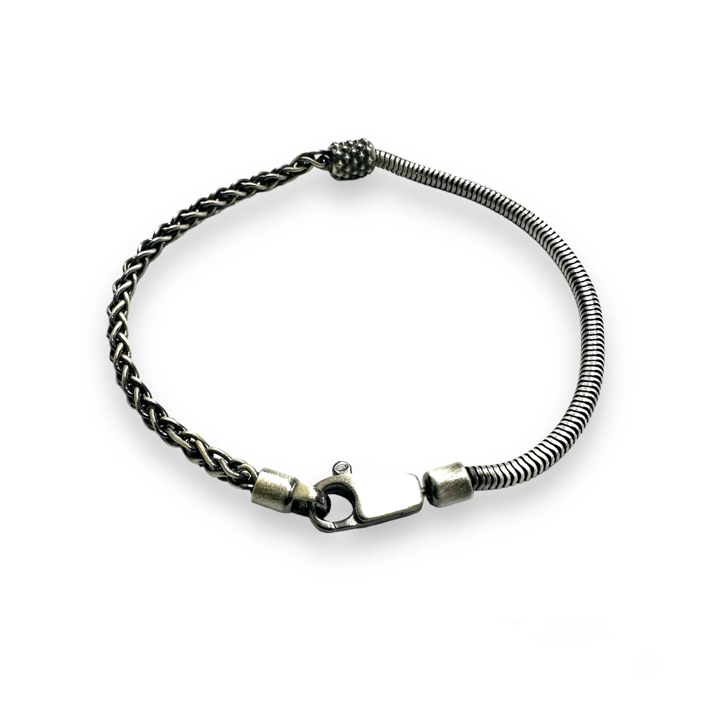 925 Sterling Gun Metal Plated Half Round Snake and Half Wheat Link Bracelet - BSB0001