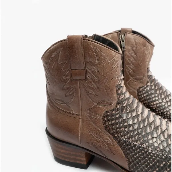 9469P Mens Leather Python Ankle Cowboy Boots Brown