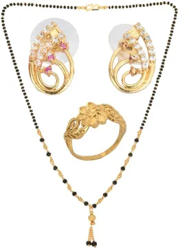 AanyaCentric Gold-plated Jewelry Combo: Elegant Short Mangalsutra, Finger Ring, and American Diamond Earrings Set