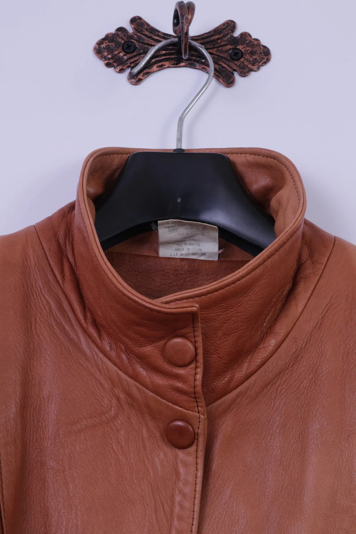 Albir Piel Womens M Bomber Jacket Brown Leather Vintage Made In Spain Snap Top