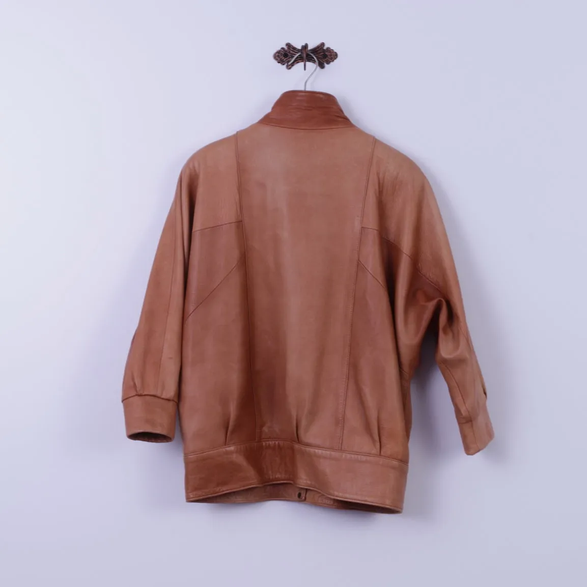 Albir Piel Womens M Bomber Jacket Brown Leather Vintage Made In Spain Snap Top