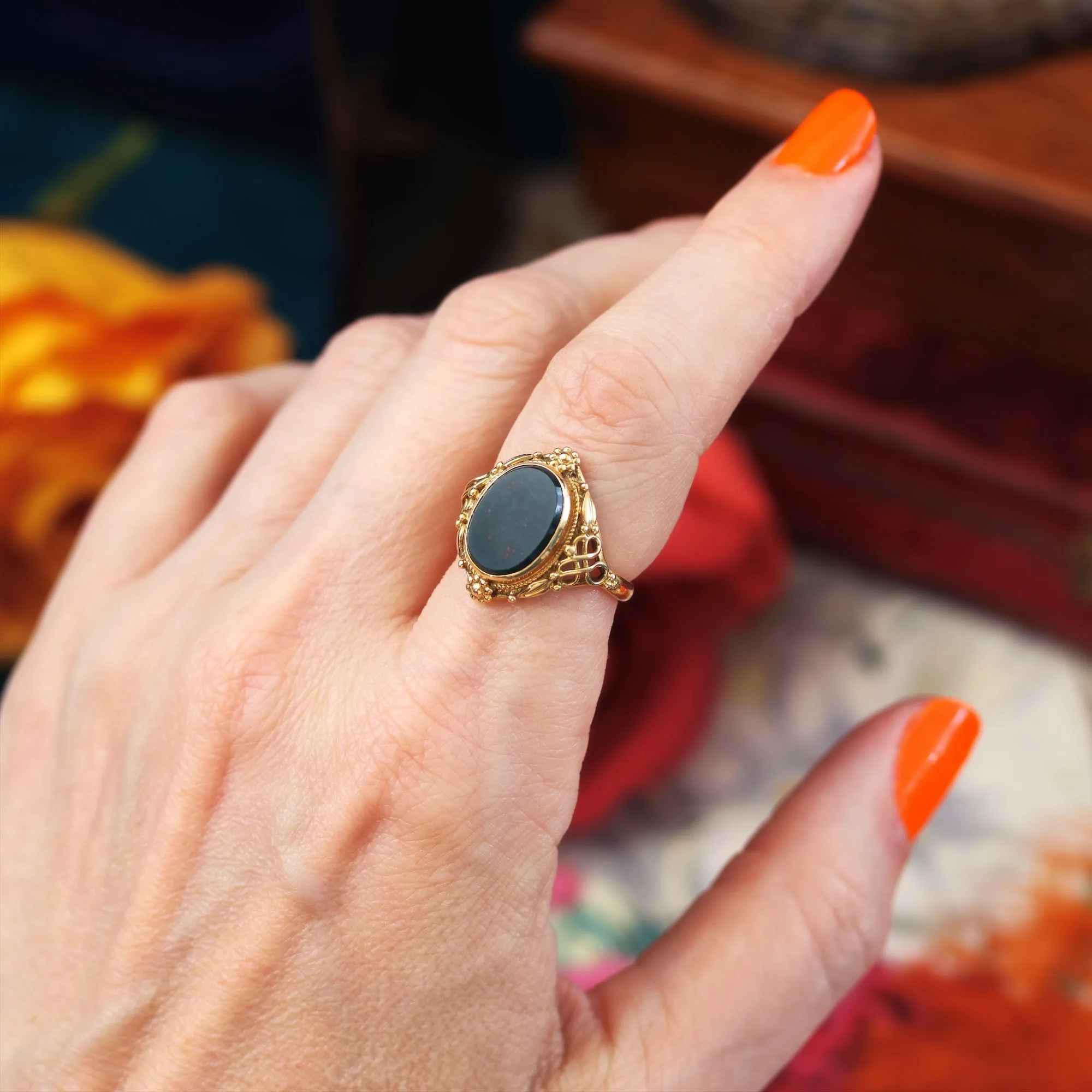 Antique Victorian Arts & Crafts Bloodstone Signet Ring