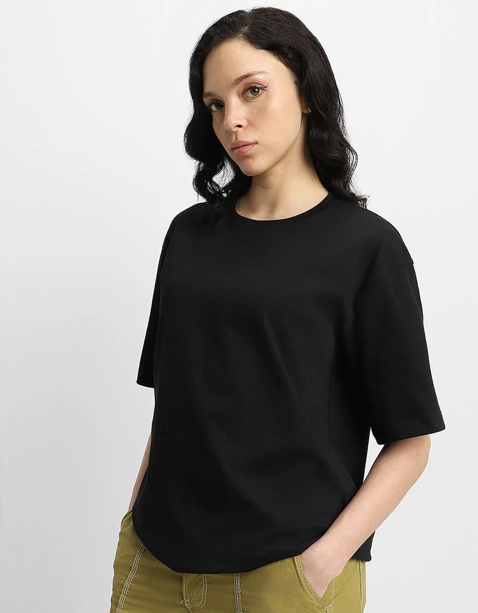 Oversized Black T-Shirt with AWFUL Graphic Print and Back Puff Detail for Women