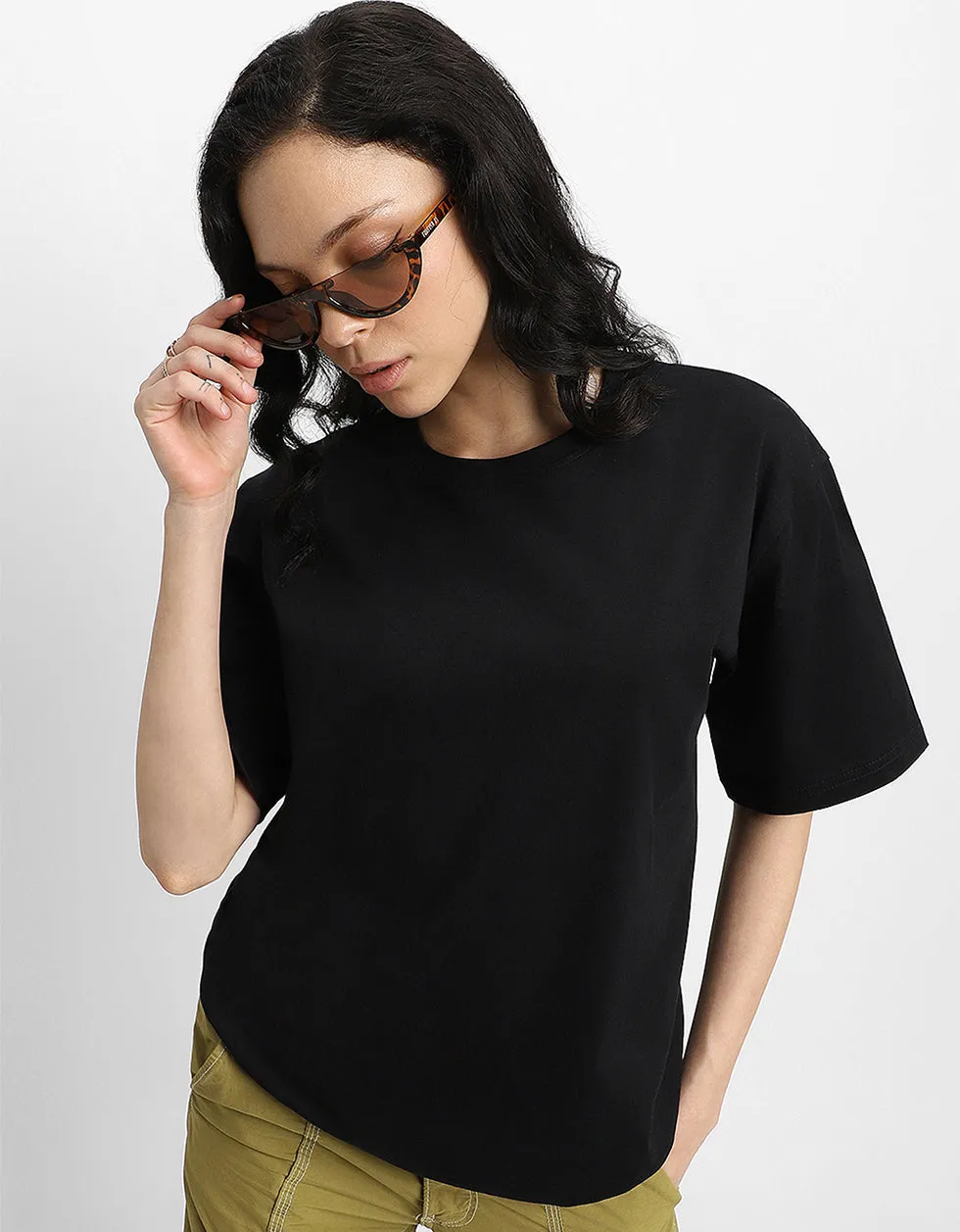 Oversized Black T-Shirt with AWFUL Graphic Print and Back Puff Detail for Women