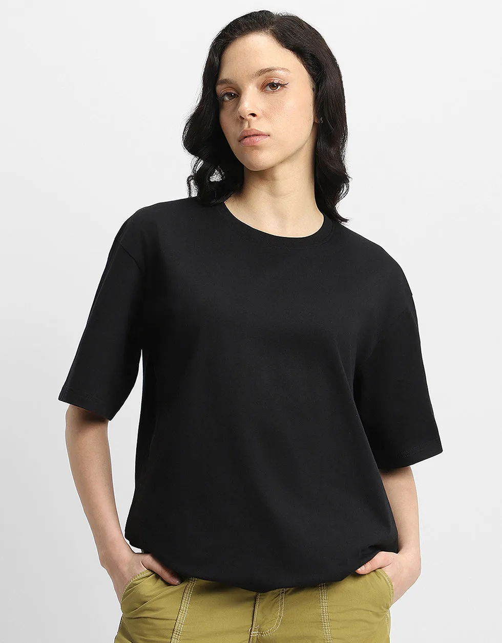 Oversized Black T-Shirt with AWFUL Graphic Print and Back Puff Detail for Women