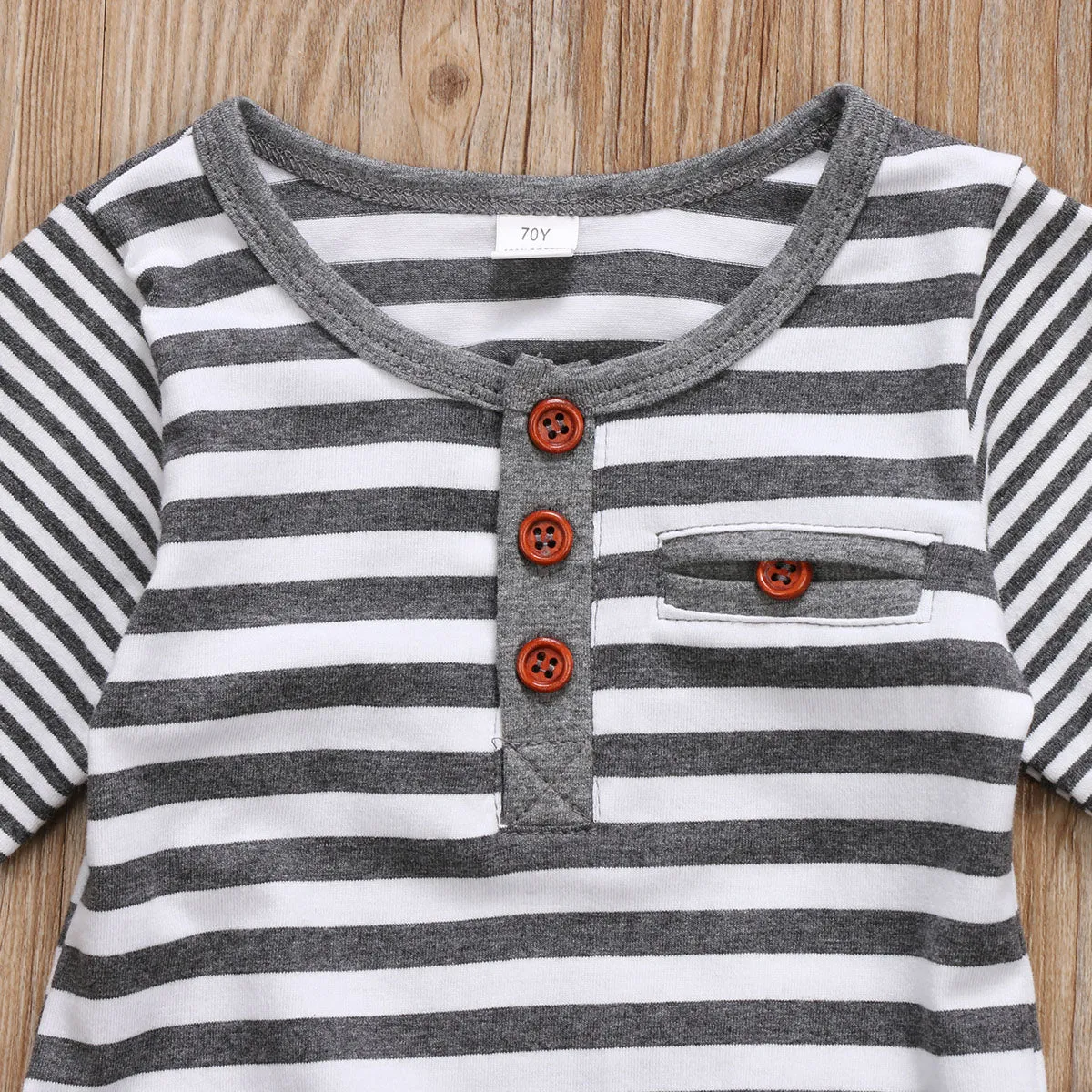 Baby Boy Gray and White Stripe Set with Wood Buttons Long Sleeve