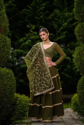 Beautiful Mehendi Green Colored Heavy Lehenga Set - Rent