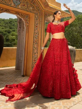 Beautifully designed Red Colored Heavy Embroidered Lehenga Set - Rent