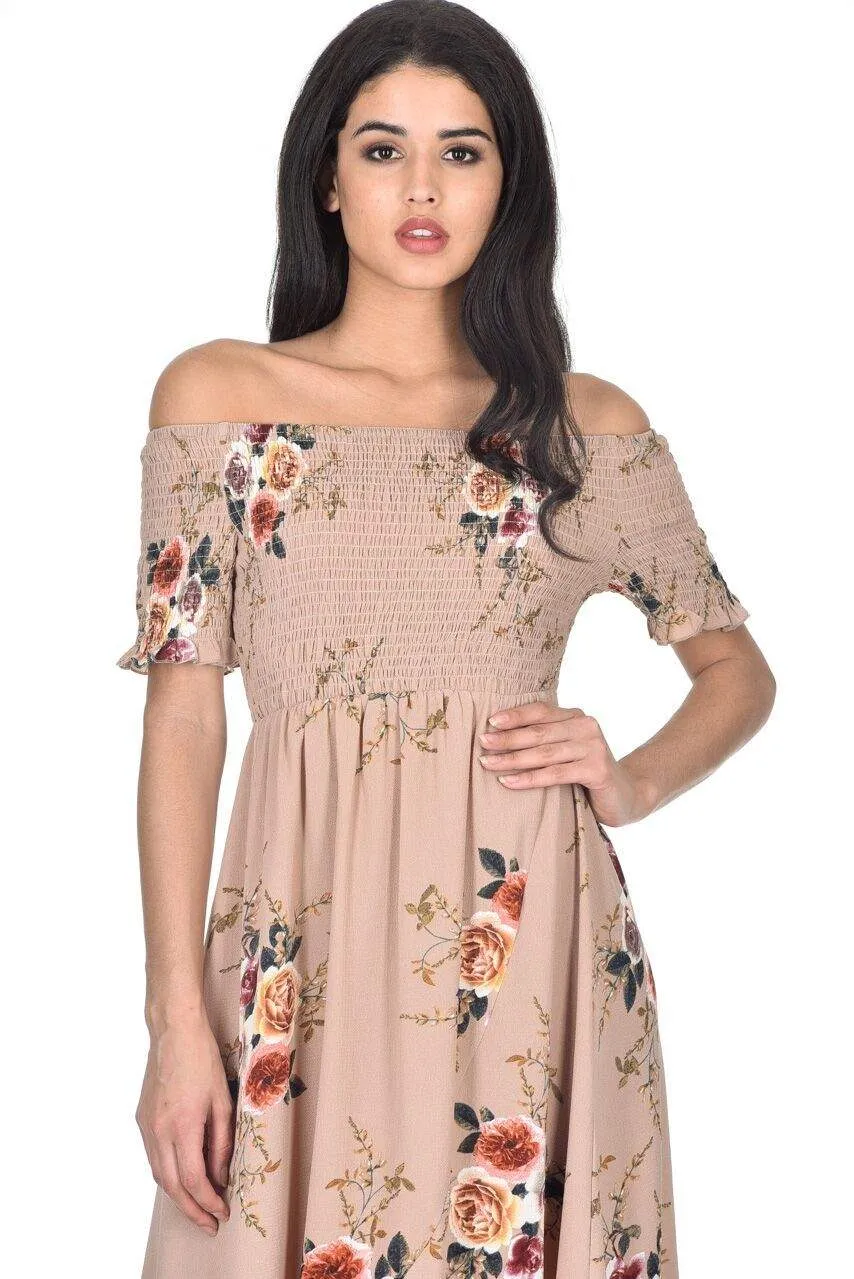 Beige Floral Bardot Printed Dress