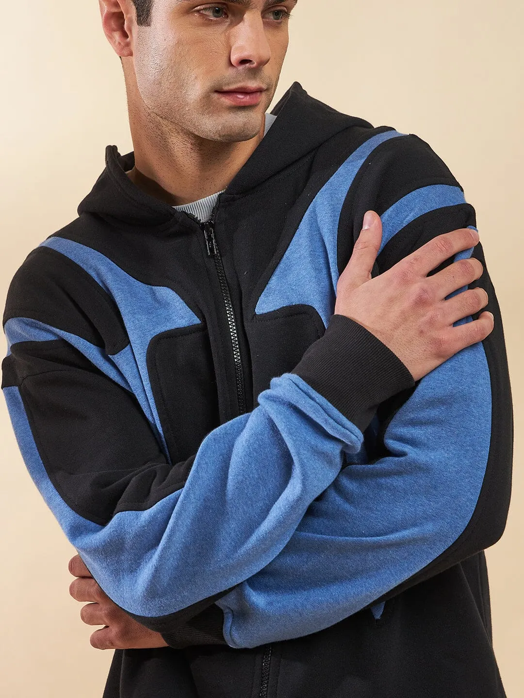 Black & Blue Cut Sew Zipped Hoodie