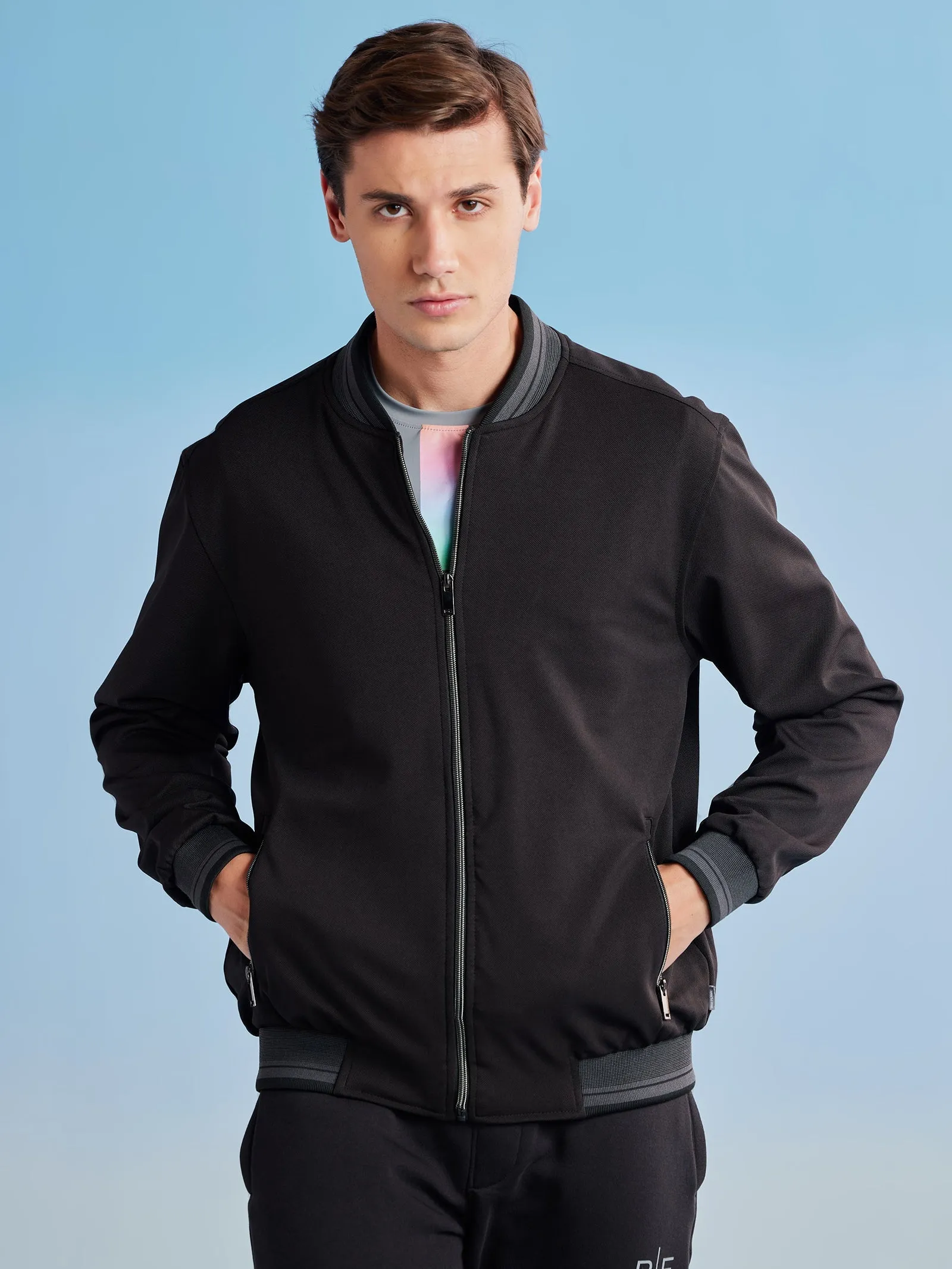 Black Textured 4-Way Stretch Bomber Jacket