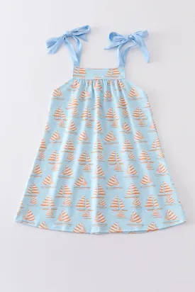 Blue sailboat print girl dress