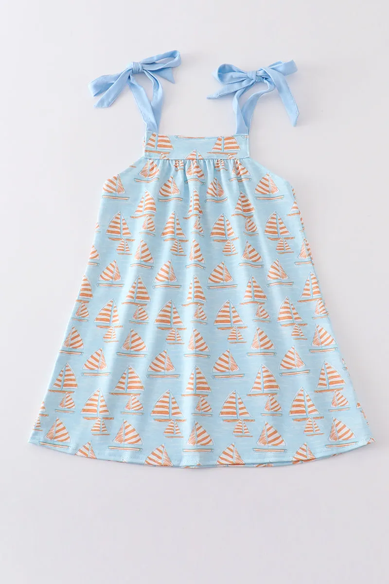 Blue sailboat print girl dress