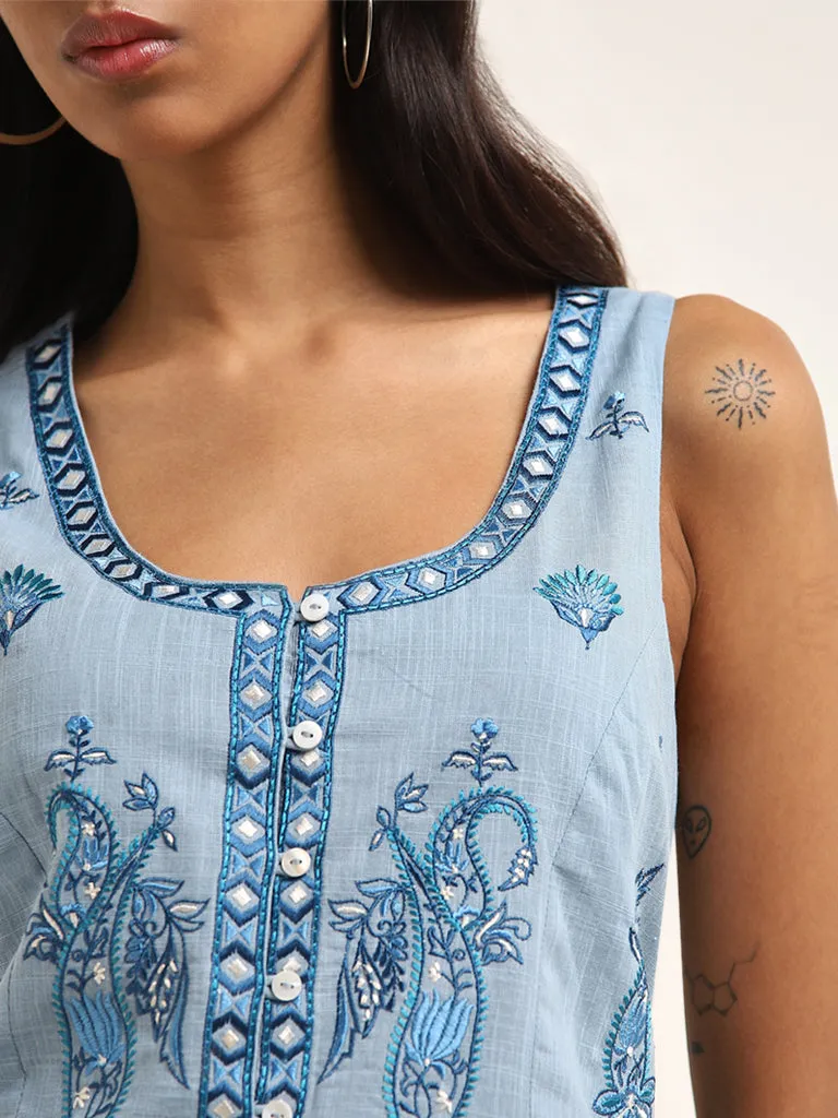 Bombay Paisley Light Blue Waistcoat-Style Cotton Top