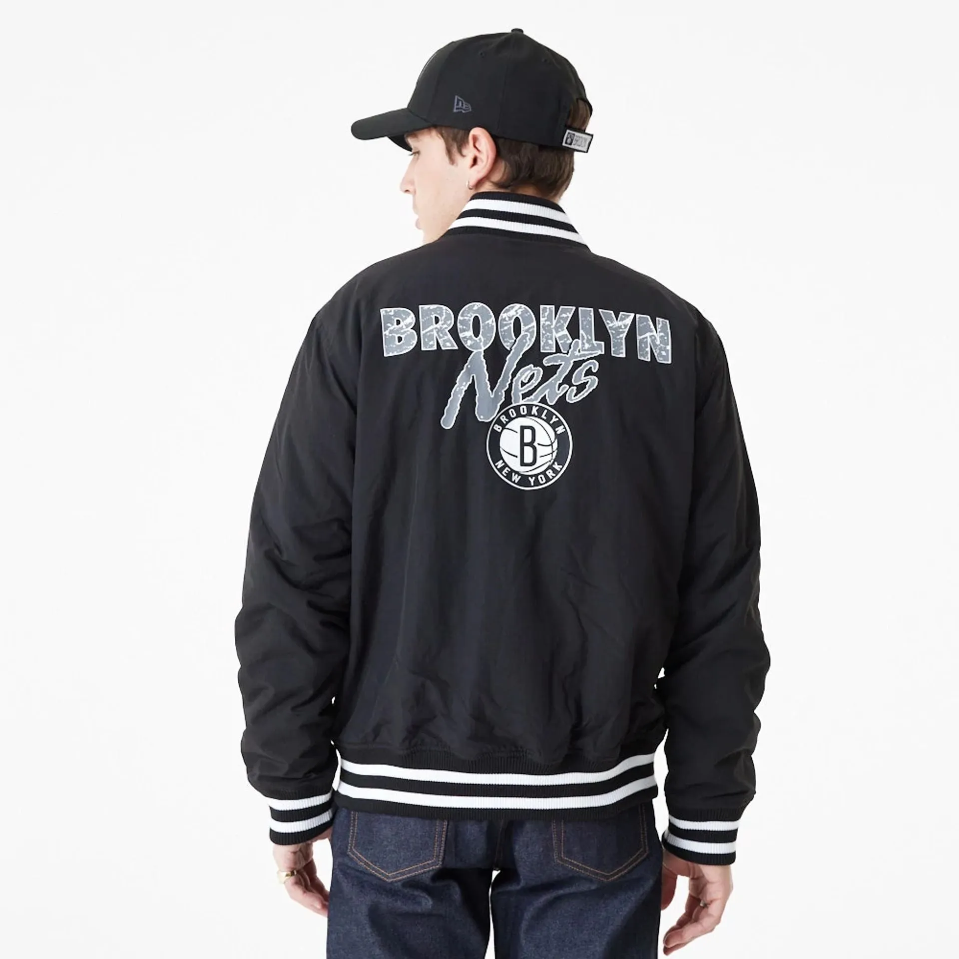 Brooklyn Nets Team Script Black Bomber Jacket