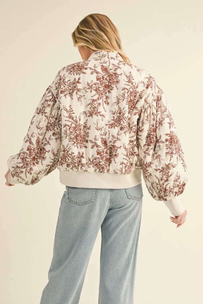 Brown and Champagne Floral Bomber Puff Jacket