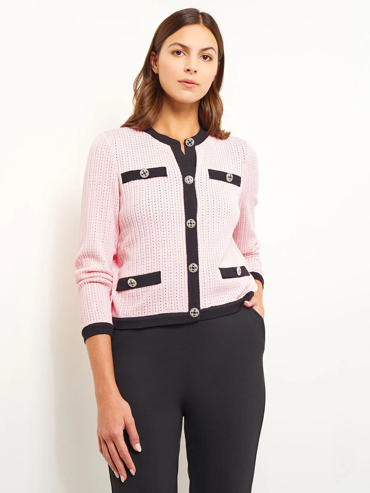 Button Detail Eyeleted Recycled Knit Jacket, Rose Petal & Black