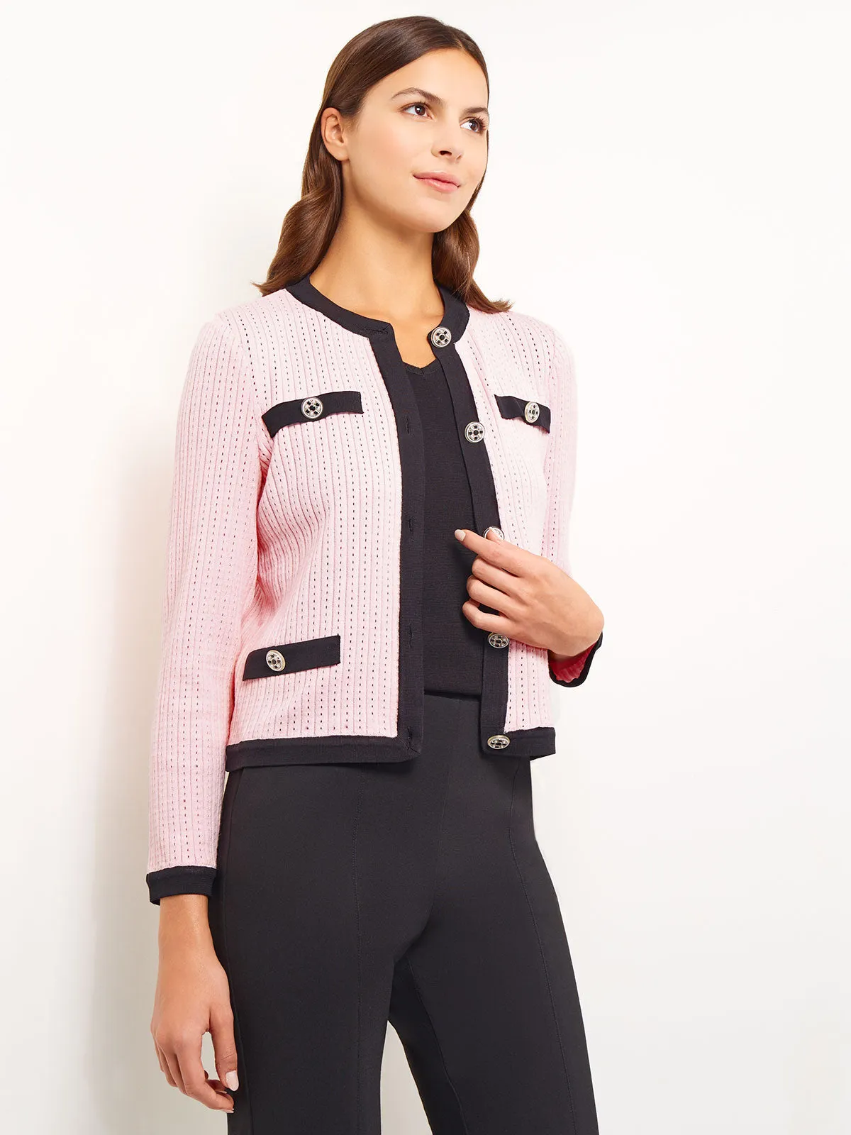 Button Detail Eyeleted Recycled Knit Jacket, Rose Petal & Black