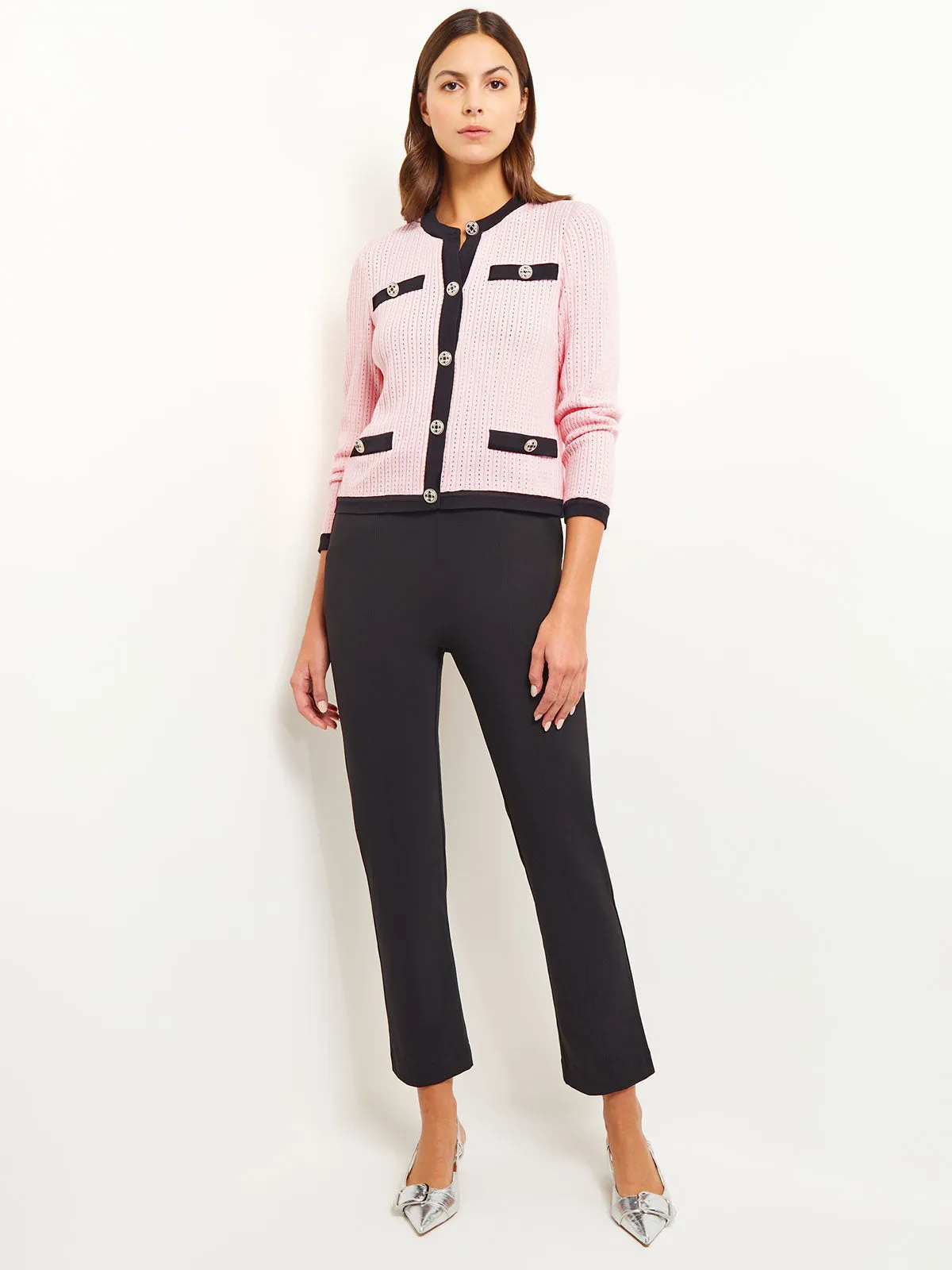 Button Detail Eyeleted Recycled Knit Jacket, Rose Petal & Black