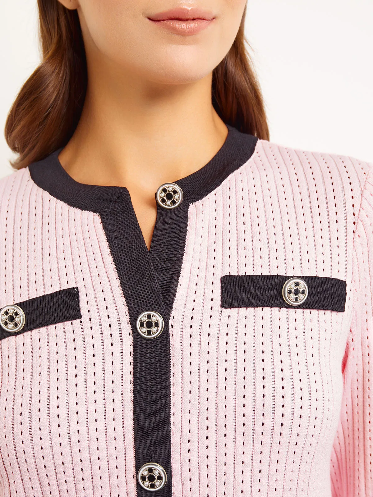 Button Detail Eyeleted Recycled Knit Jacket, Rose Petal & Black