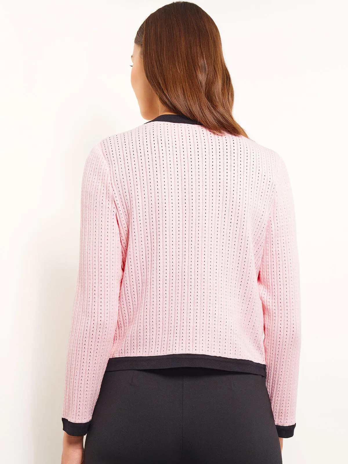 Button Detail Eyeleted Recycled Knit Jacket, Rose Petal & Black