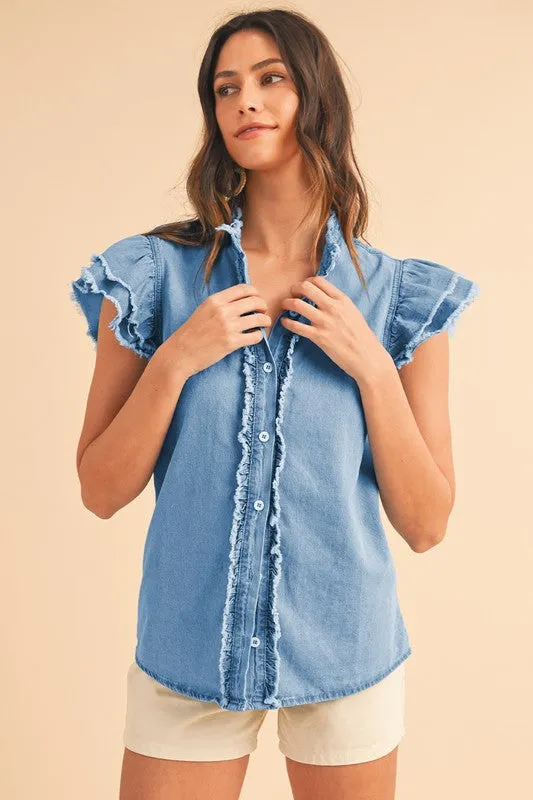 Button Front Ruffled Flutter Frayed Denim Top