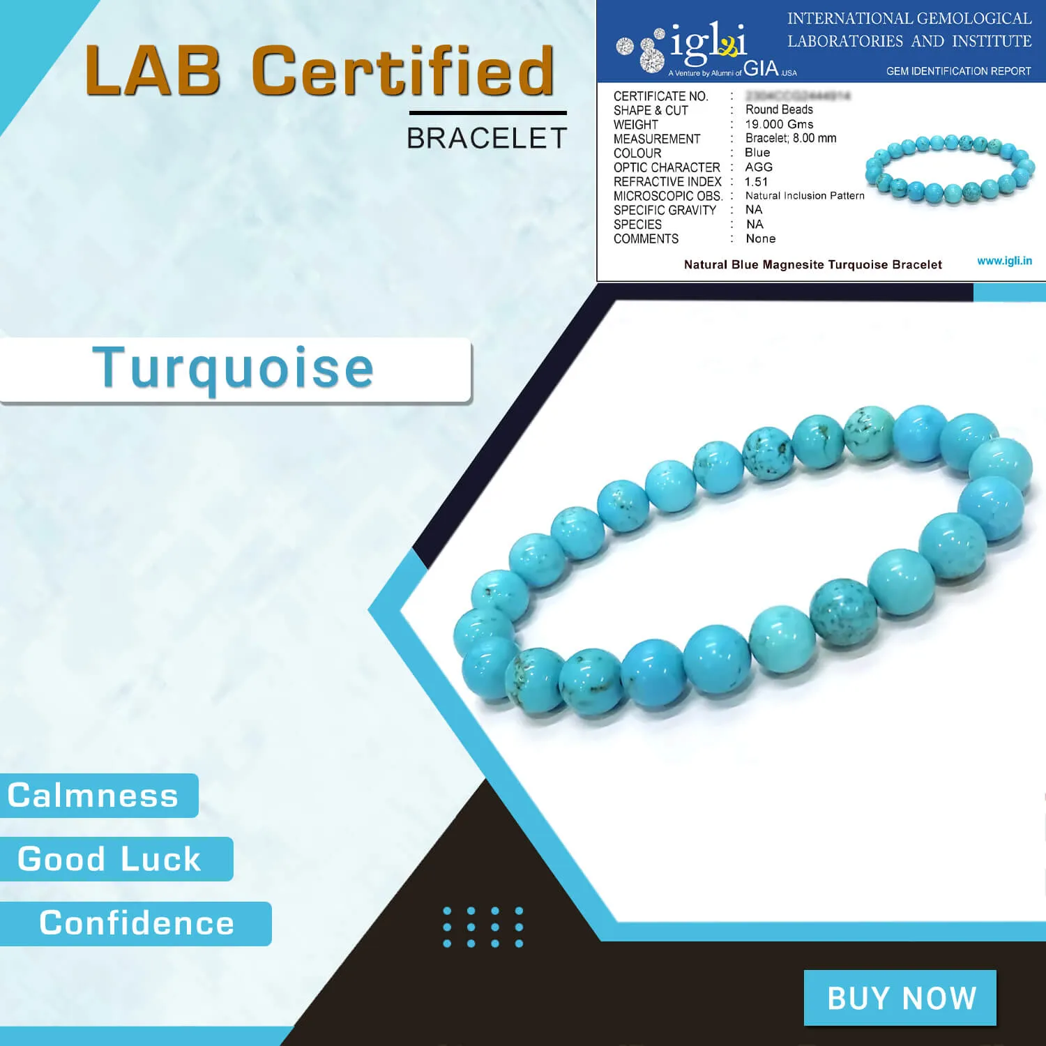 Certified Premium Blue Magnesite Turquoise 8mm Natural Stone Bracelet