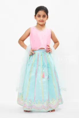 Charming Pink and Blue Lehenga Choli for Girls- Ethnic Kids Wear