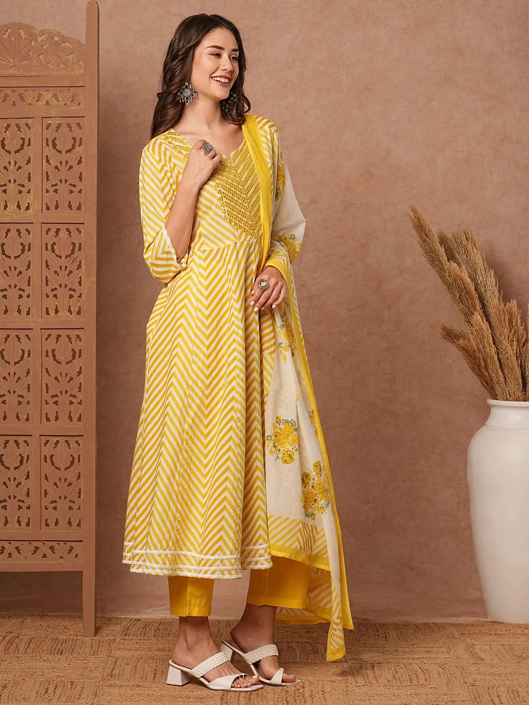 Chevron Printed & Mirror Embroidered Anarkali with Pant & Floral Printed Dupatta - Yellow