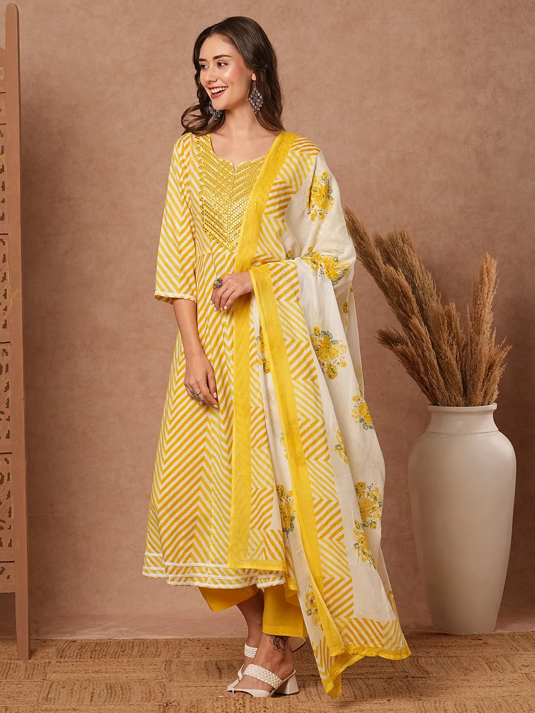 Chevron Printed & Mirror Embroidered Anarkali with Pant & Floral Printed Dupatta - Yellow