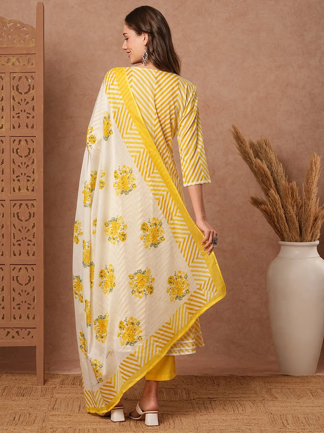 Chevron Printed & Mirror Embroidered Anarkali with Pant & Floral Printed Dupatta - Yellow