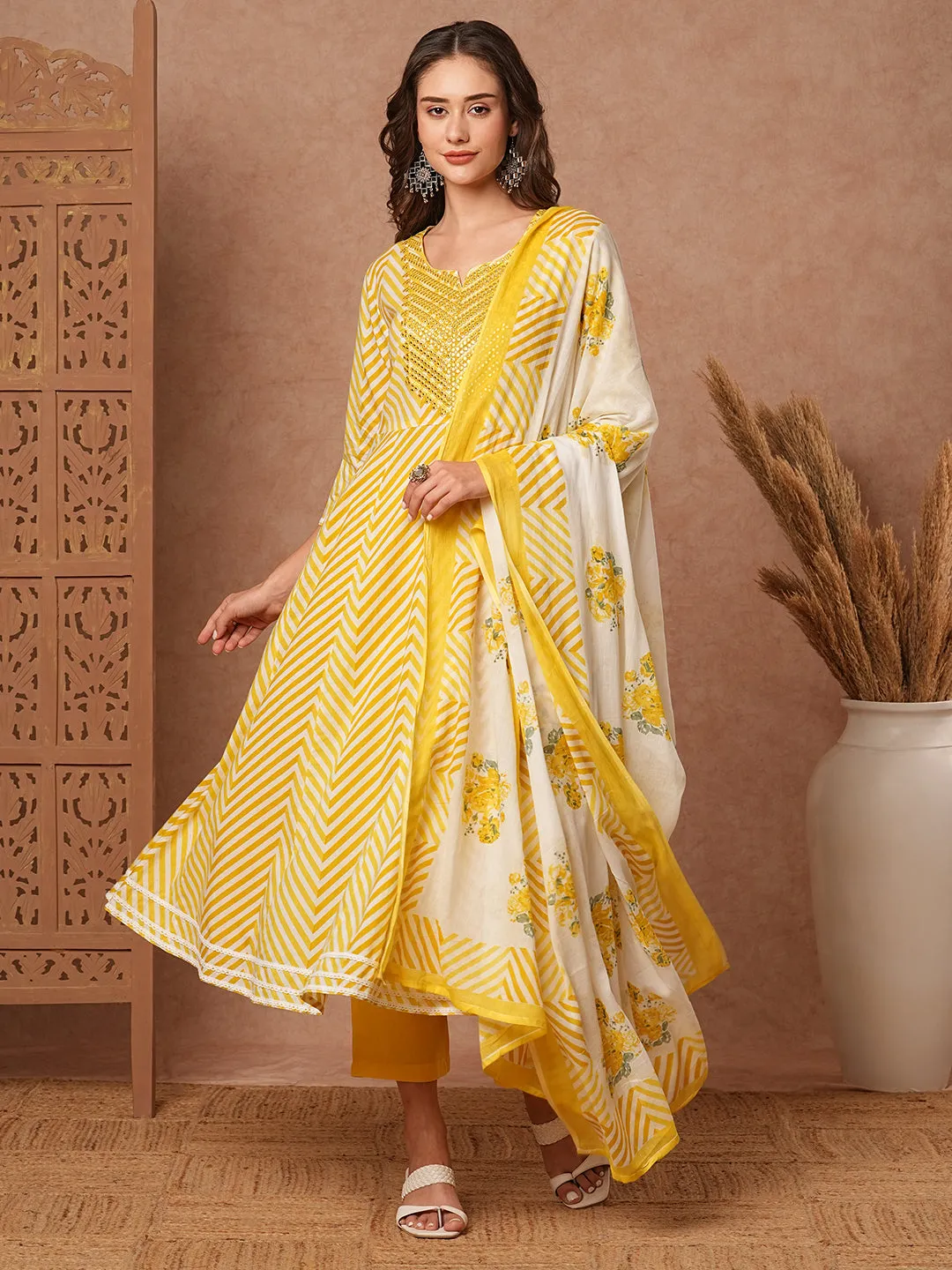 Chevron Printed & Mirror Embroidered Anarkali with Pant & Floral Printed Dupatta - Yellow