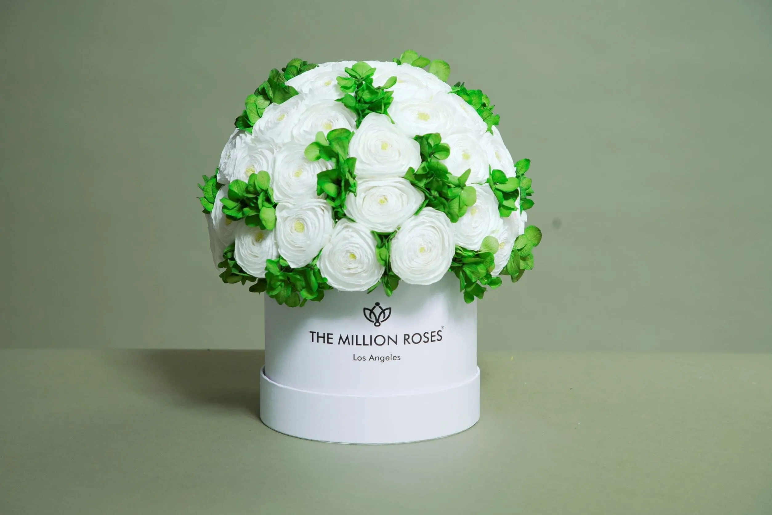 Classic Light Blue Suede Box | White Persian Buttercups & Green Hydrangeas