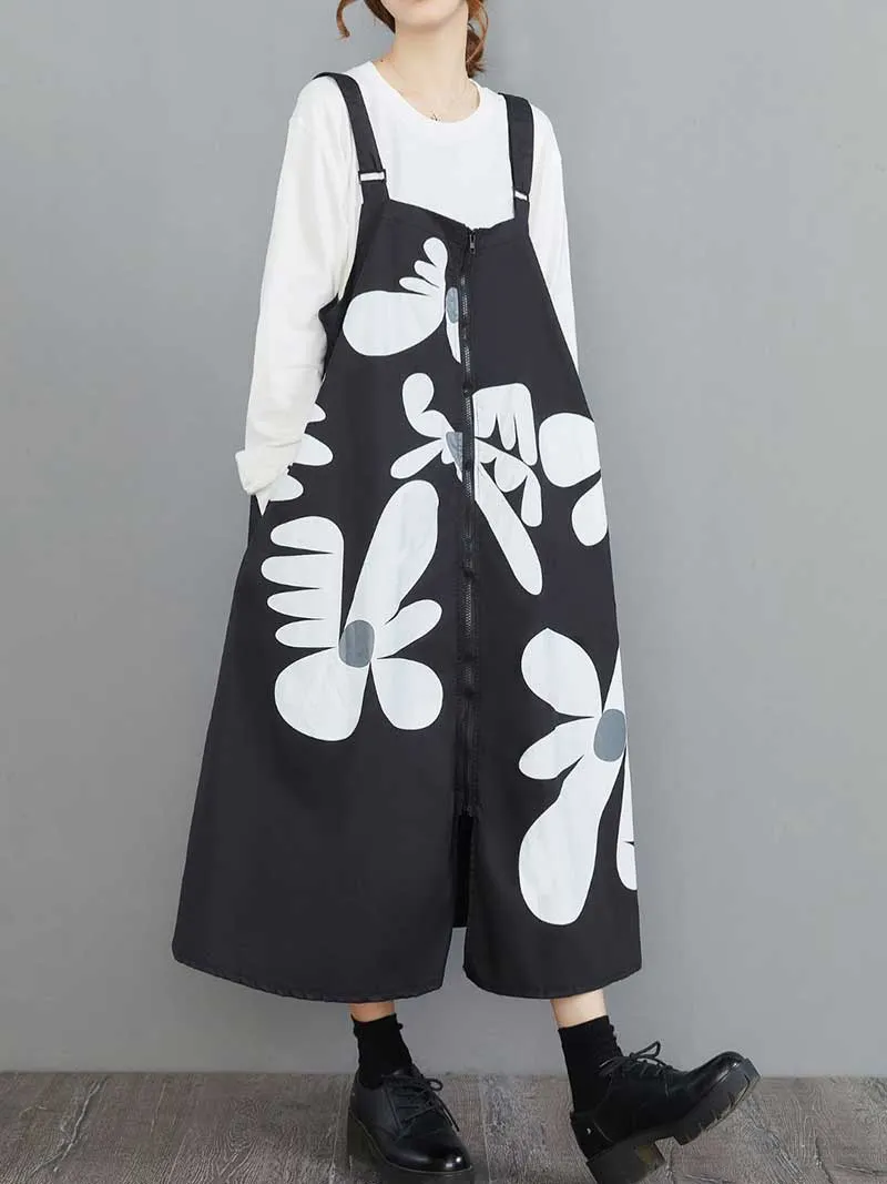 Cotton Floral Art Black Front Zip Salopette Dress