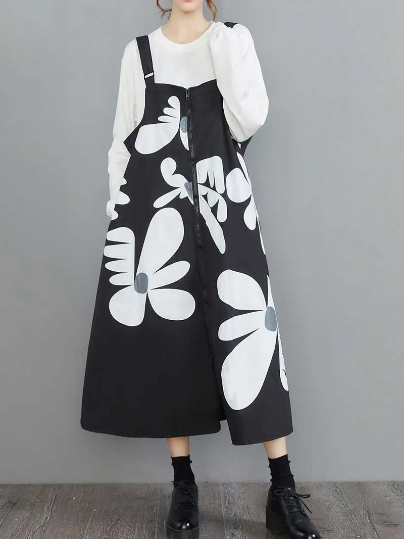 Cotton Floral Art Black Front Zip Salopette Dress