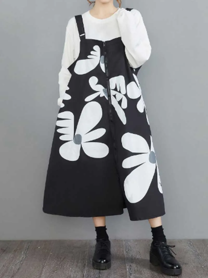 Cotton Floral Art Black Front Zip Salopette Dress