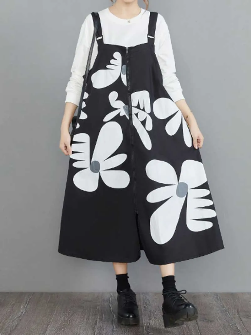 Cotton Floral Art Black Front Zip Salopette Dress