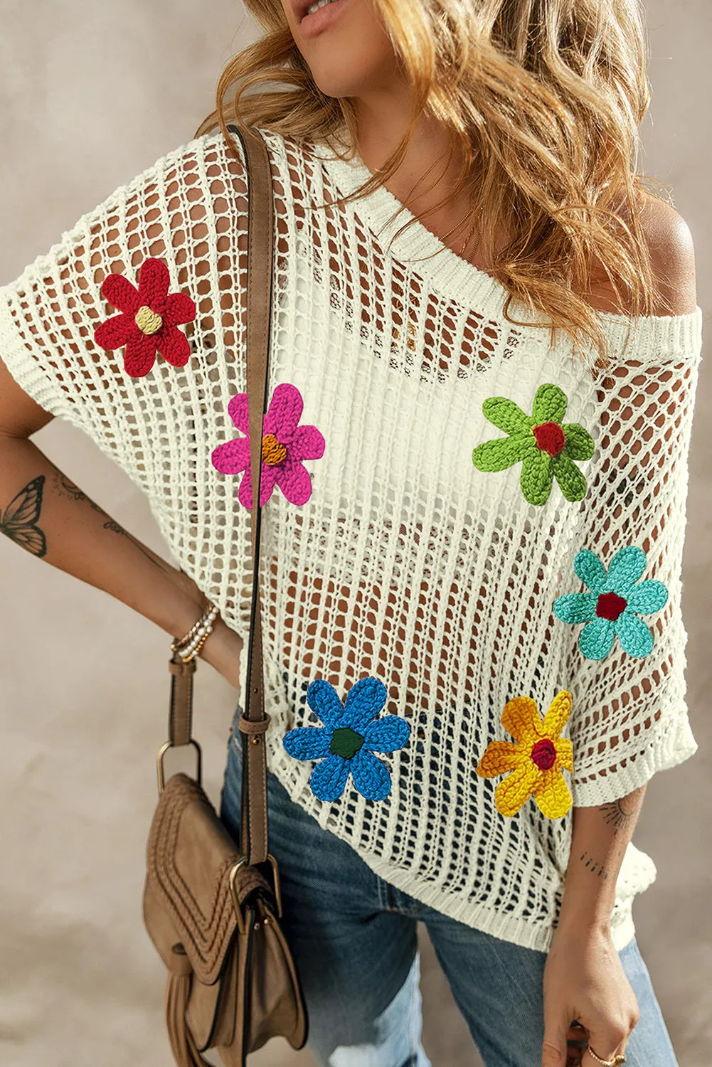 Crochet Flower Hollow-out Sweater T Shirt