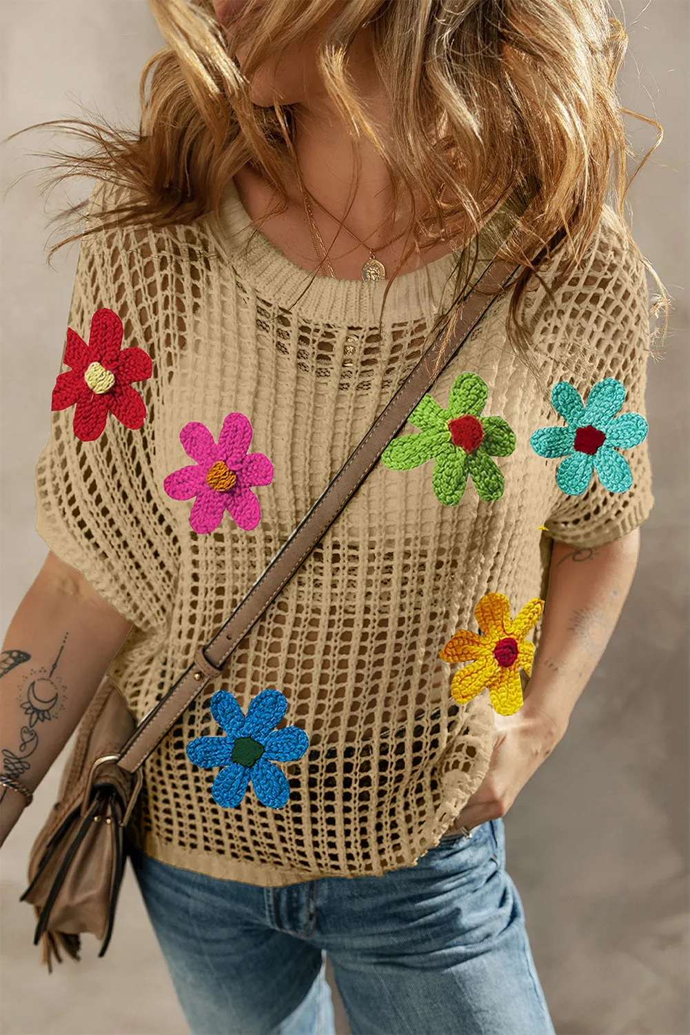 Crochet Flower Hollow-out Sweater T Shirt