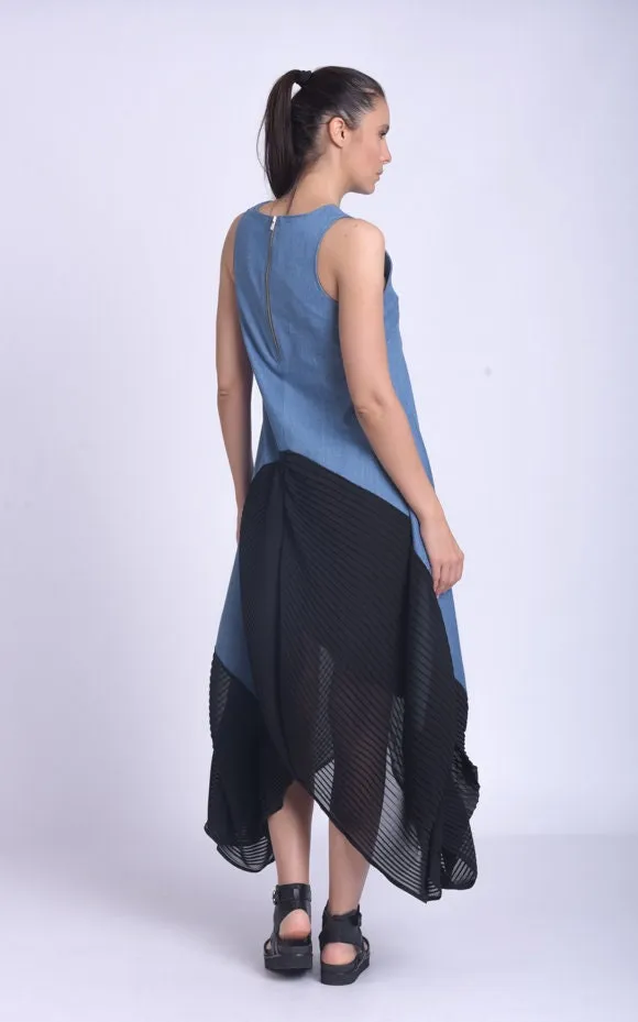 Denim Dress With Pleated Chiffon Hem