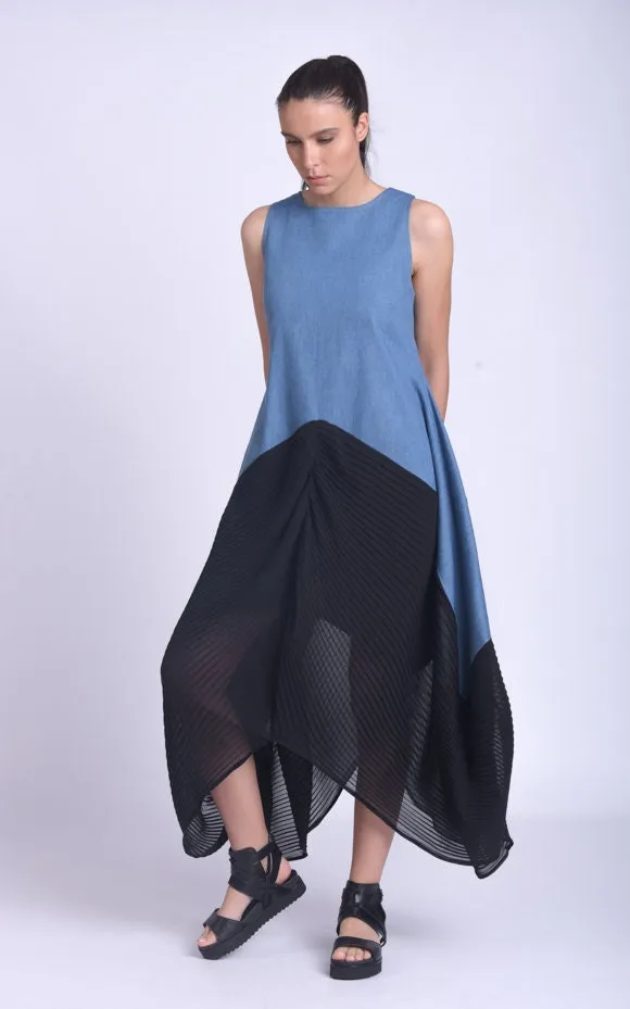 Denim Dress With Pleated Chiffon Hem