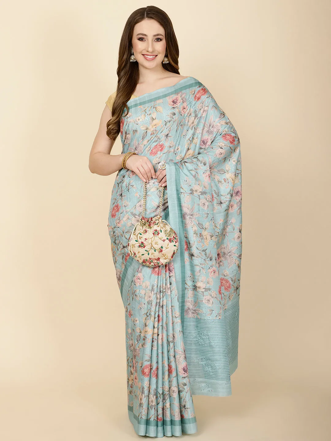 Digital Floral Printed Tussar Saree