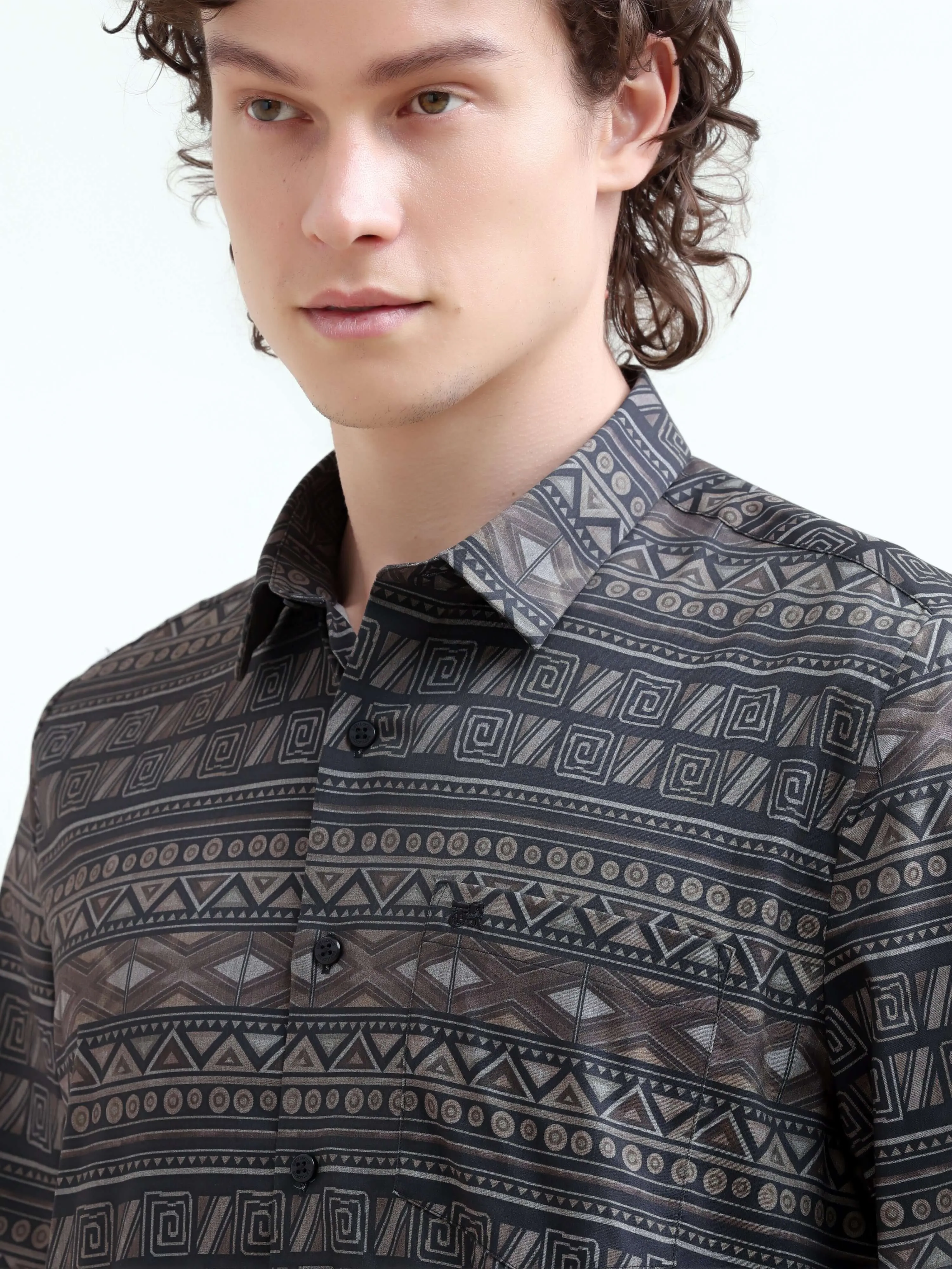 Dusky black trib geometric printed shirt