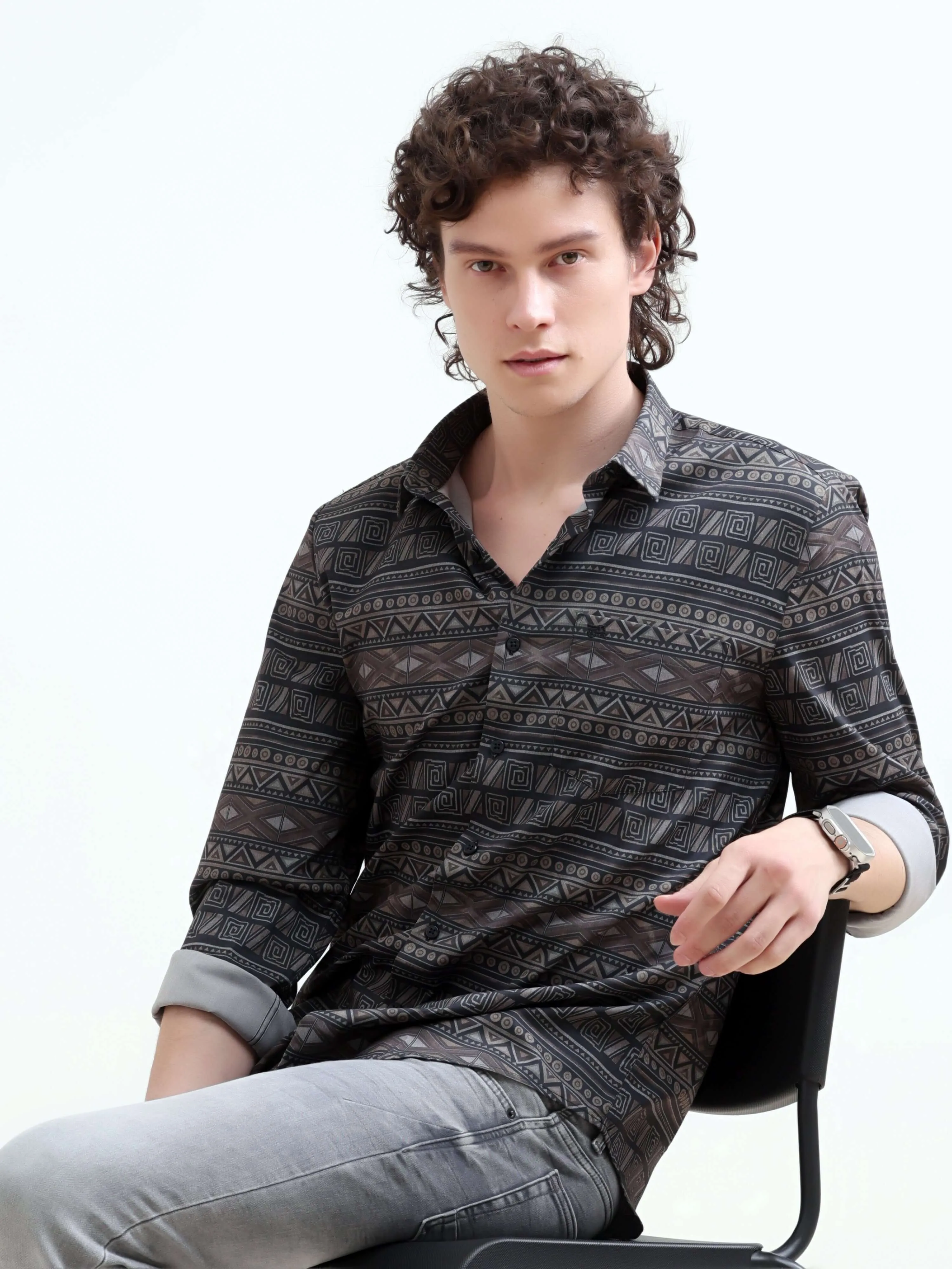 Dusky black trib geometric printed shirt