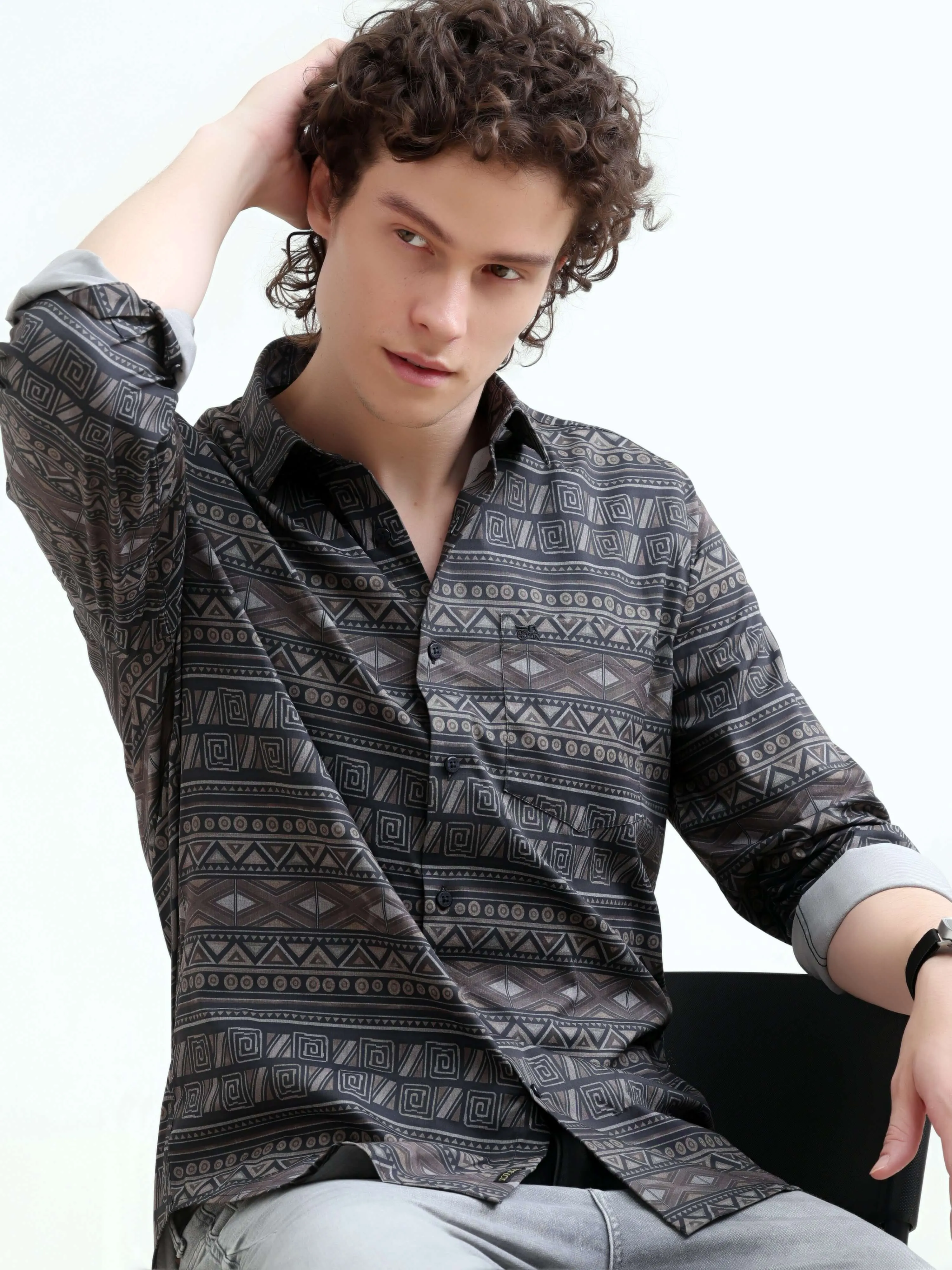 Dusky black trib geometric printed shirt