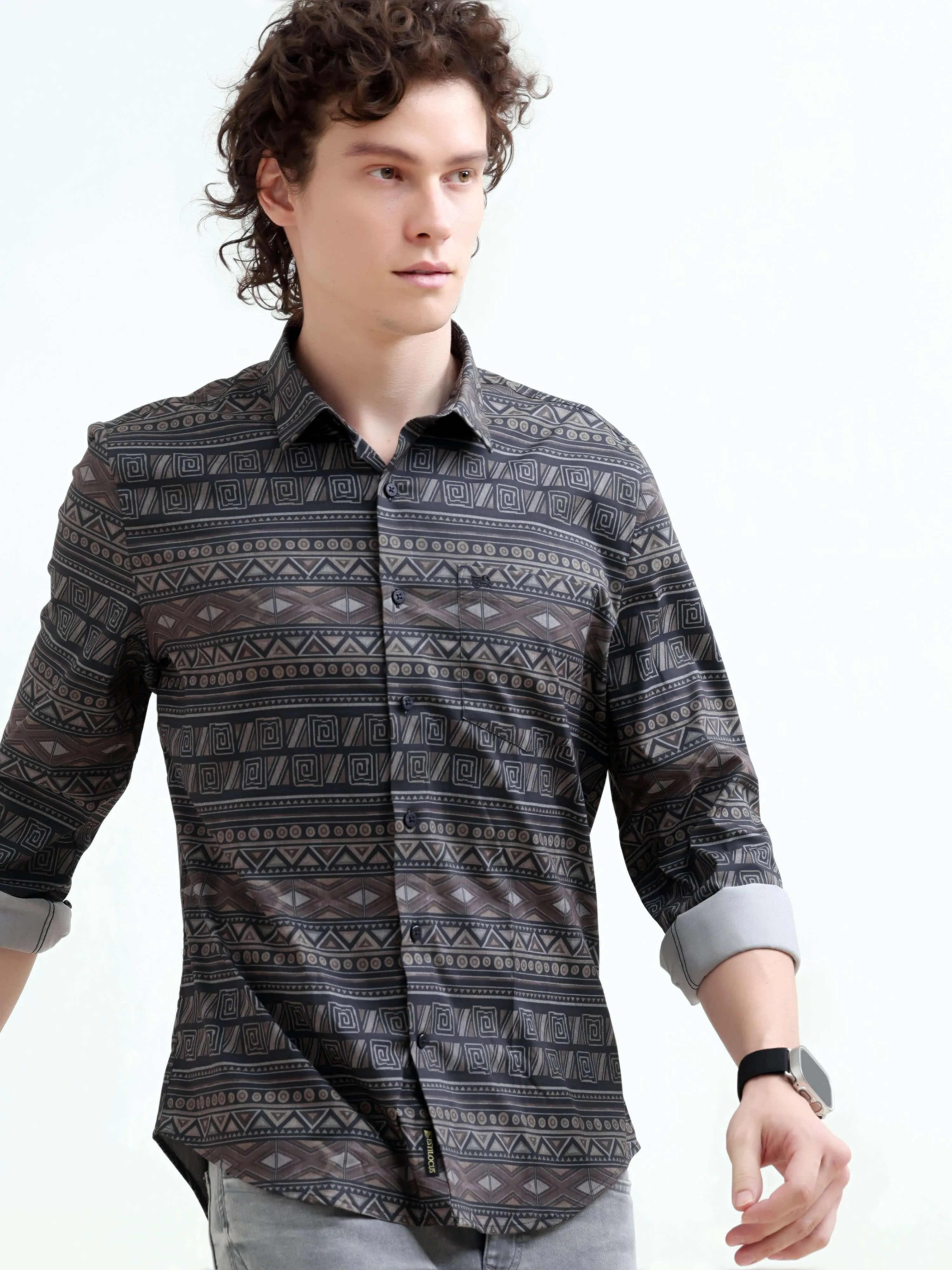 Dusky black trib geometric printed shirt